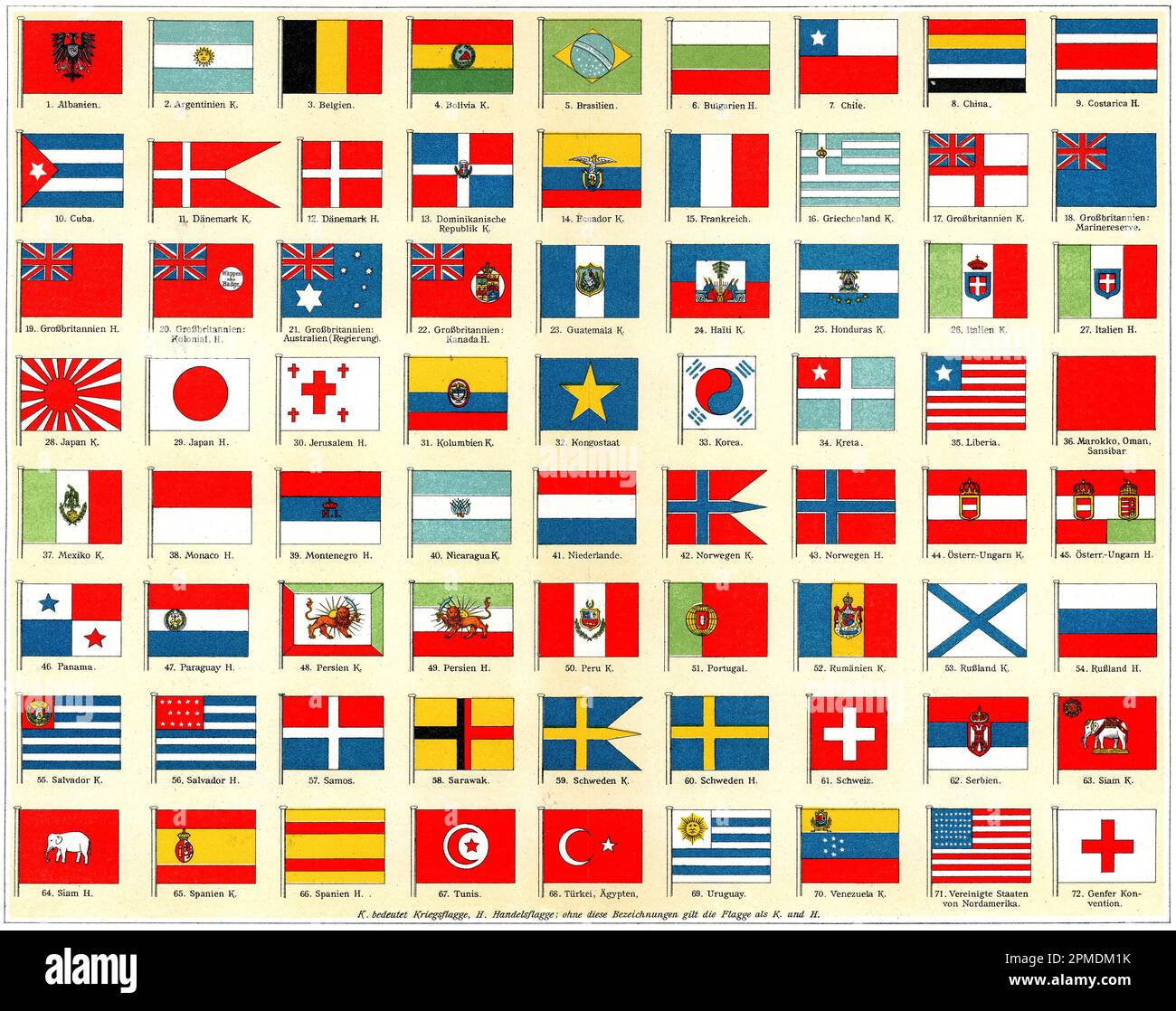 National flags (military and commercial). Publication of the book 'Meyers Konversations-Lexikon', Volume 2, Leipzig, Germany, 1910 Stock Photo