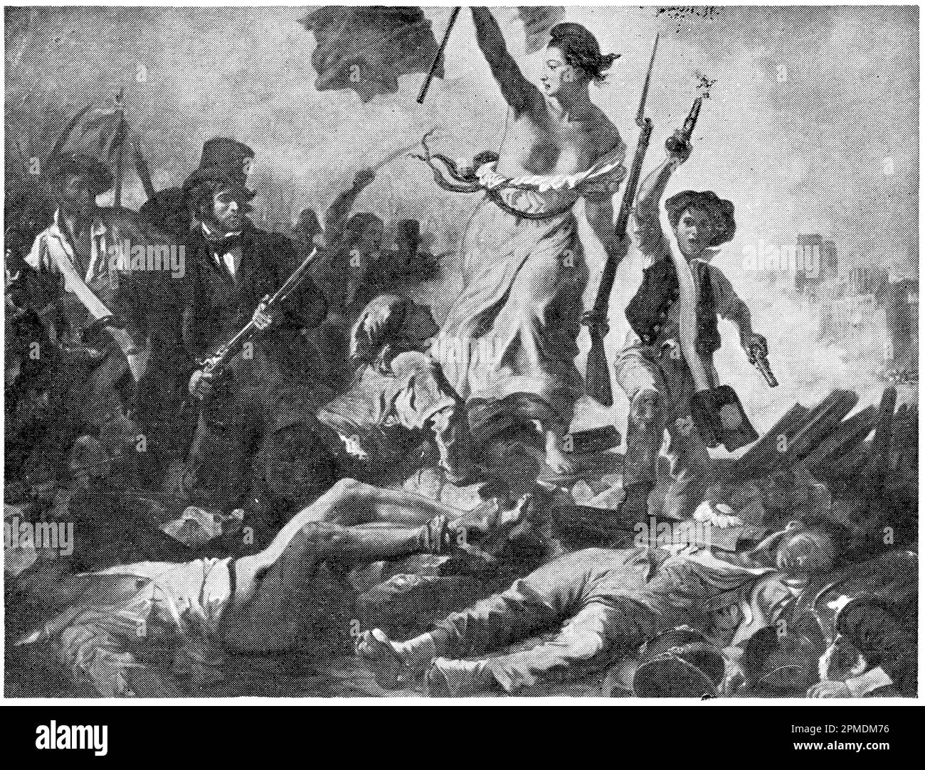 Liberty Leading the People by a French Romantic artist Eugene Delacroix. Publication of the book 'Meyers Konversations-Lexikon', Volume 2, Leipzig, Germany, 1910 Stock Photo