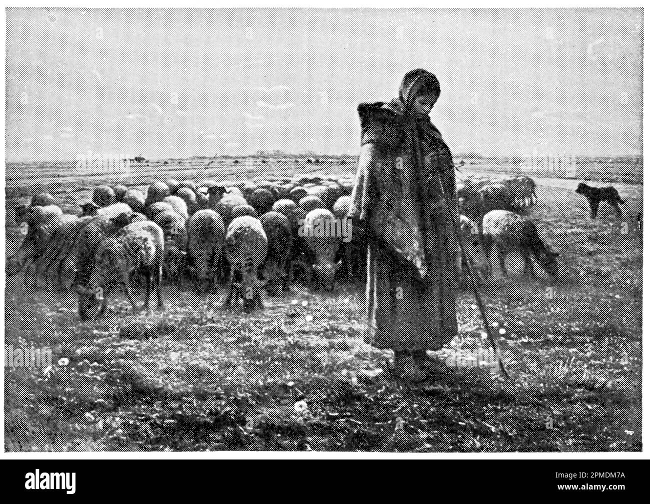 Shepherdess with her Flock by a French artist Jean-Francois Millet. Publication of the book 'Meyers Konversations-Lexikon', Volume 2, Leipzig, Germany, 1910 Stock Photo