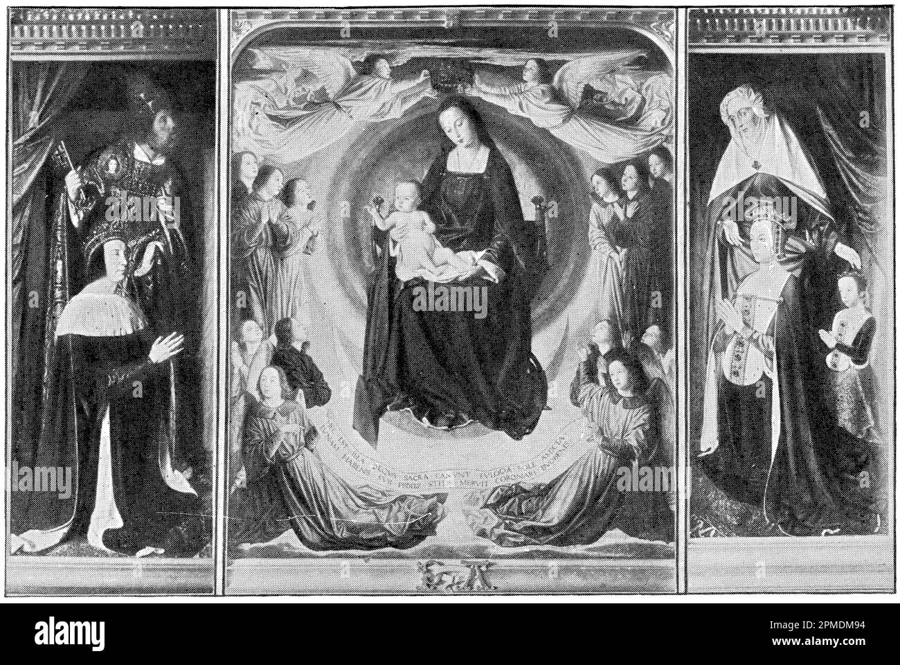 The Moulins Triptych in Moulins Cathedral by an Early Netherlandish painter Jean Hey (Master of Moulins). Publication of the book 'Meyers Konversations-Lexikon', Volume 2, Leipzig, Germany, 1910 Stock Photo