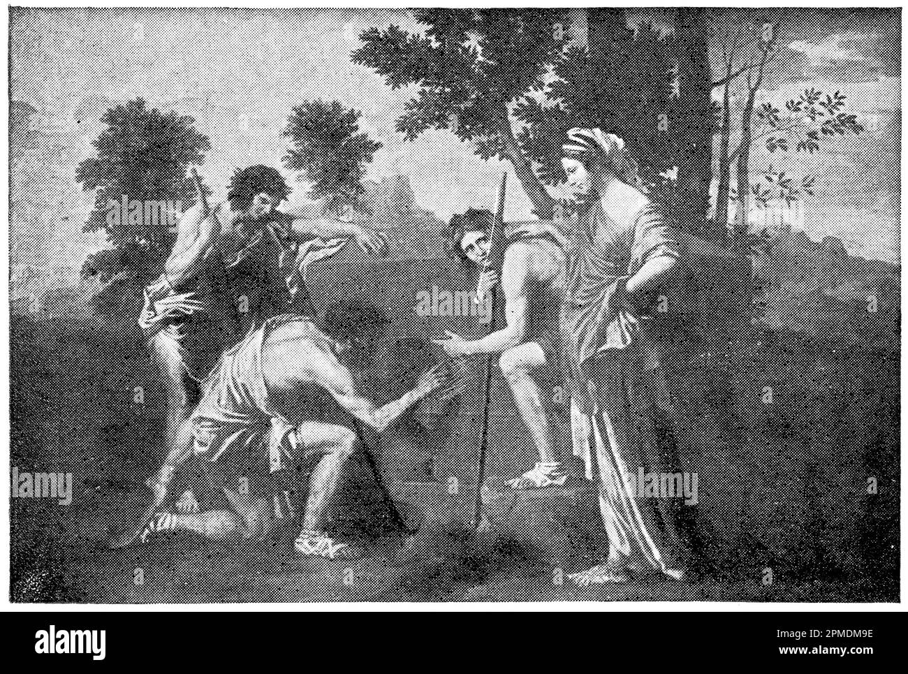 Et in Arcadia ego (The Shepherds of Arcadia) by a French painter Nicolas Poussin. Publication of the book 'Meyers Konversations-Lexikon', Volume 2, Leipzig, Germany, 1910 Stock Photo