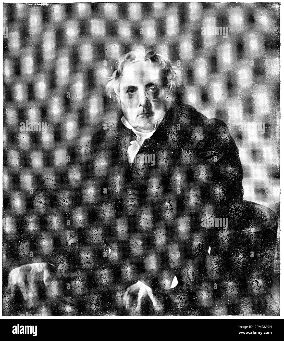 Portrait of Monsieur Bertin by a French Neoclassical painter Jean-Auguste-Dominique Ingres. Publication of the book 'Meyers Konversations-Lexikon', Volume 2, Leipzig, Germany, 1910 Stock Photo