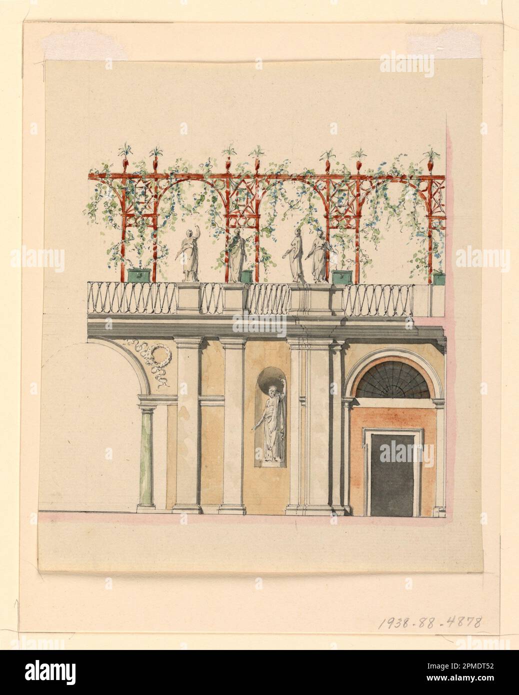 Drawing, Garden Wall and Terrace; Architect: Unknown (Italian); Italy; pen and black ink, brush and green, red, pink, brown and yellow watercolor, slight traces of black chalk on paper; 21 x 18.2 cm (8 1/4 x 7 3/16 in.) Stock Photo
