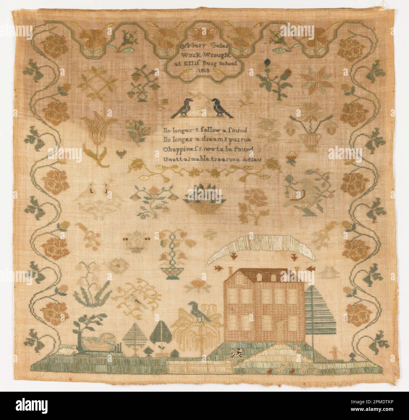Sampler (USA); Embroidered by Mary Cole (American); Student at Ellisburg School; silk embroidery on linen foundation Stock Photo