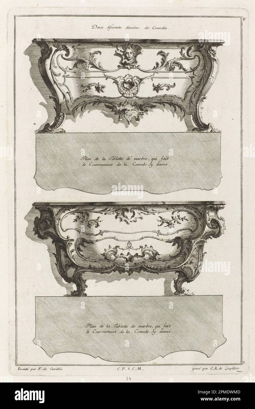 Print, Deux différents desseins de Comodes (Designs for Two Commodes) in Livre de Diferents Dessein de Comodes (Book of Designs for Commodes); Designed by François de Cuvilliés the Elder (Belgian, active Germany, 1695 - 1768); Engraved by Karl Albert von Lespilliez (1723–1796); Germany; etching, engraving on off-white laid paper; 44 x 28.6 cm (17 5/16 x 11 1/4 in.) Stock Photo