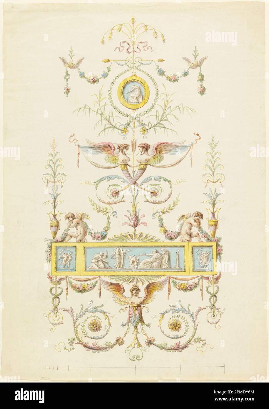 Drawing, Project for a painted panel; Style of Michel Angelo Pergolesi (Italian, active ca. 1760–1801); Collaborator: Robert Adam (British, 1728–1792); Italy; pen and ink with water color washes on paper; 42 × 29.5 cm (16 9/16 × 11 5/8 in.); 1956-199-3 Stock Photo