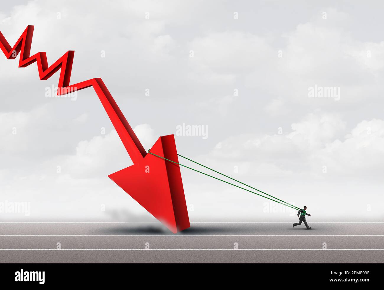 Recession distress burden business concept as a burdened businessman or employee pulling a heavy downward arrow as a symbol for downturn stress Stock Photo