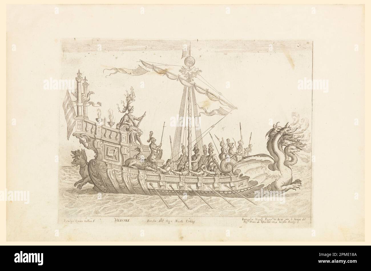 Print, From a Series of Naval Battles for Wedding Festivities of Cosimo Il de'Medici, Ship of Heracles; Etched by Remigio Cantagallina (Italian, ca. 1582–1656); After Giulio Parigi (Italian, 1571–1635); Patron: Cosimo II de' Medici (Italian, 1590 – 1621); Italy; black ink on white paper; 26.9 x 40.6 cm (10 9/16 in. x 16 in.) Platemark: 20.8 x 28.3 cm (8 3/16 x 11 1/8 in.) Stock Photo