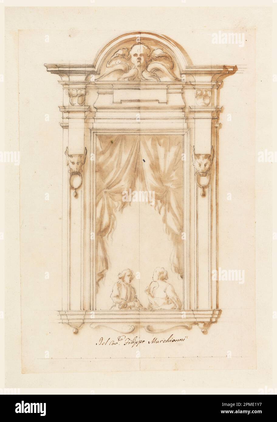 Drawing, Design for Elevation of a Window Case; Filippo Marchionni (Italian, 1732–1805); Italy; black chalk, brush and brown watercolor on laid paper; 28.3 x 19.5 cm (11 1/8 x 7 11/16 in.) Stock Photo