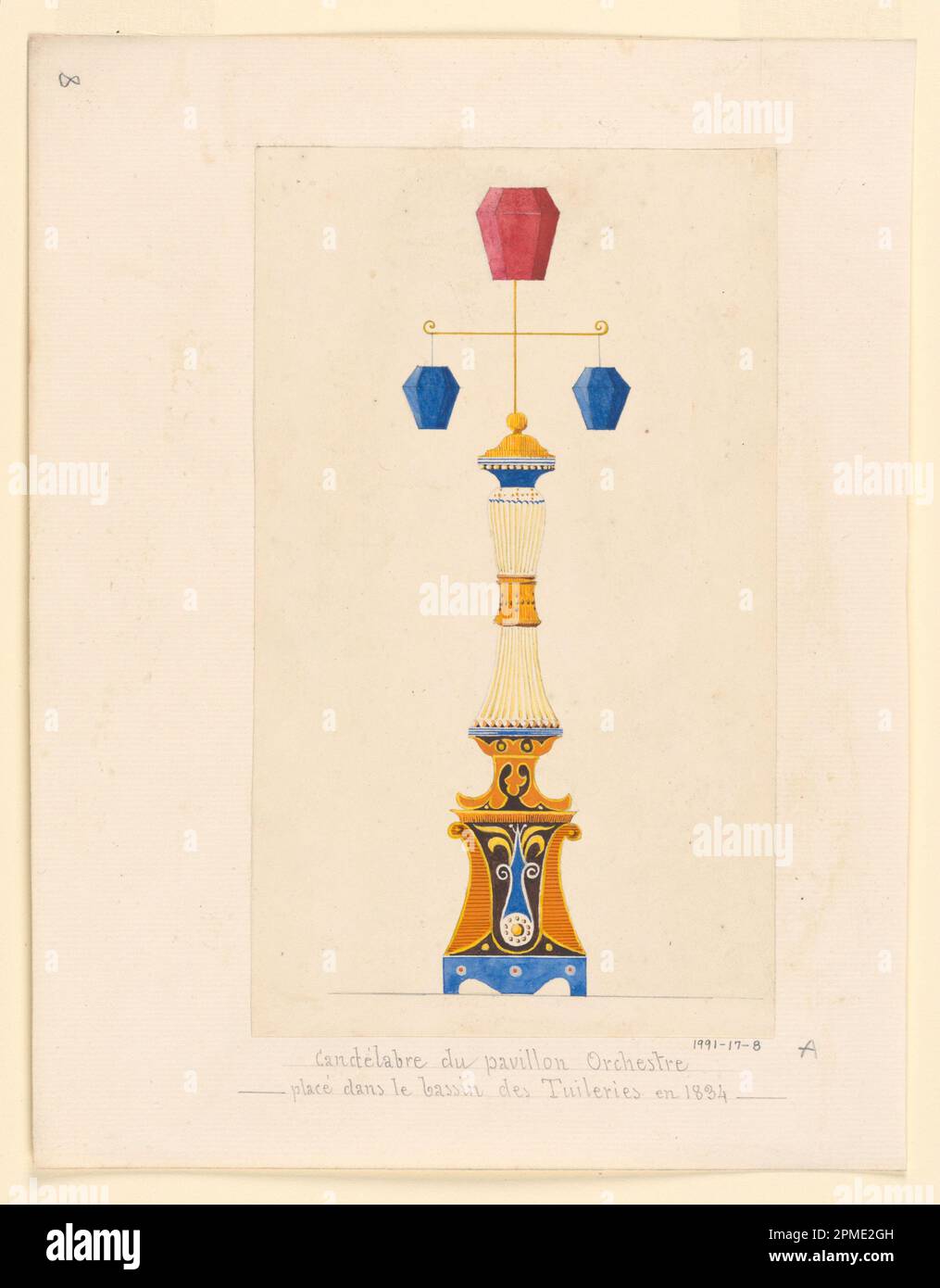 Drawing, 'Candelabre du Pavillon Orchestre place dans le bassin des Tuileries en 1834'; Attributed to Félix-Jacques Duban (French, 1798 - 1870), Abel Blouet; France; watercolor, graphite support: off-white paper mounted on off-white paper; 22.8 x 13.4 cm (9 x 5 1/4 in.) mount: 29 x 13.4; Museum pruchase through gift of Emily and Jerry Spiegel, gift of Phyllis Dearborn Massar and from General Purchase Fund; 1991-17-8 Stock Photo