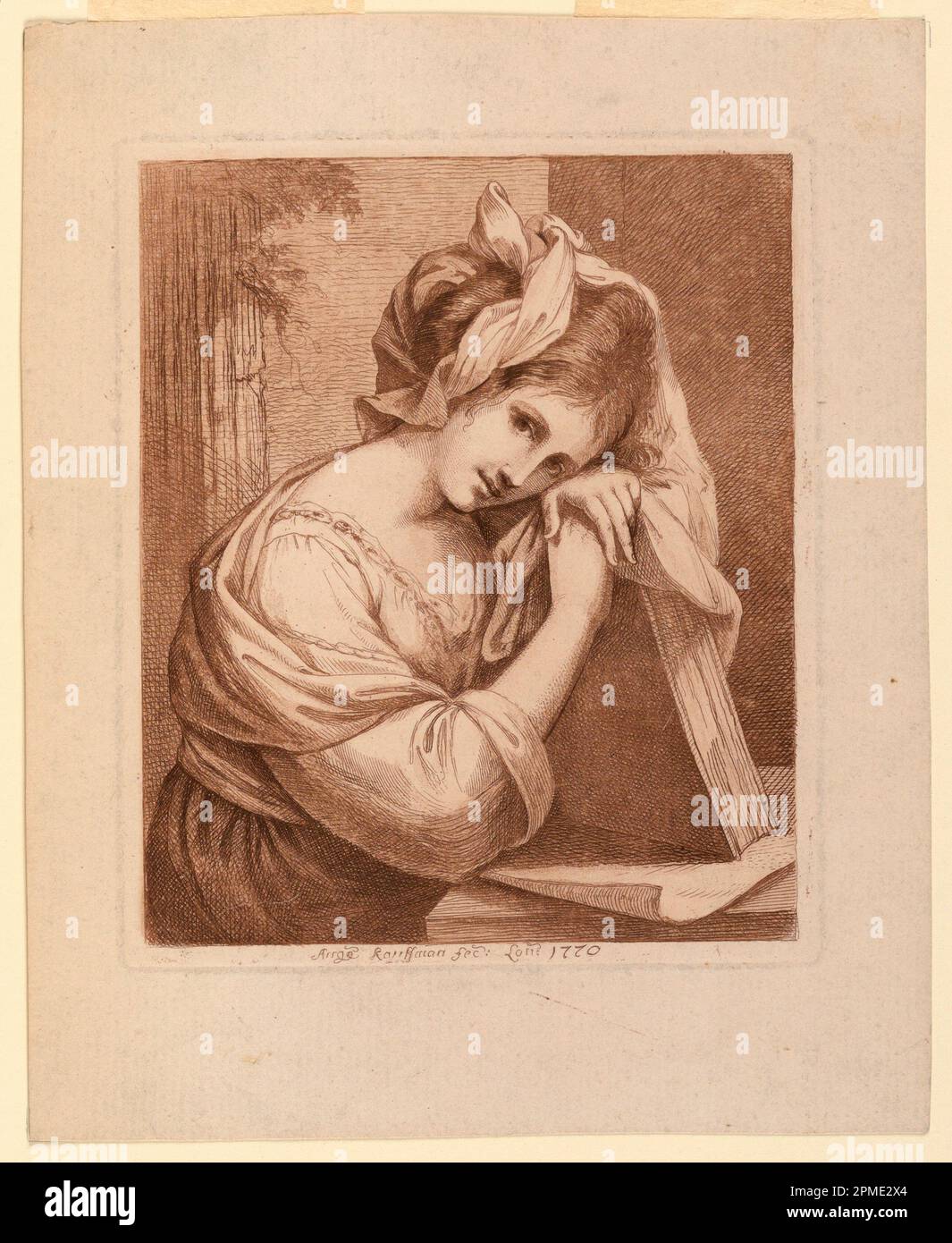 Print, Self Portrait; Print Maker: Maria Anna Angelica Kauffmann (Swiss, 1741 – 1807); England; etching on laid paper; 18.8 × 15.7 cm (7 3/8 × 6 3/16 in.); Bequest of George Campbell Cooper; 1896-3-356 Stock Photo