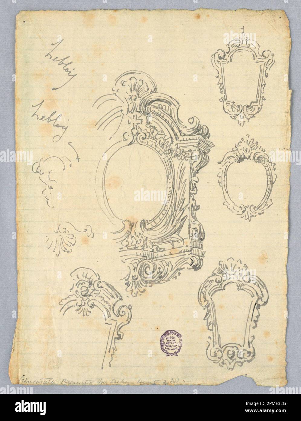 Drawing, Sketches for Frames; Designed by Leblois (Italian); Italy; brush and gray ink on light blue laid paper Stock Photo