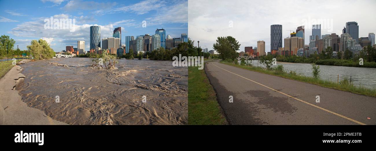 Bow River valley during a major flood on June 22, 2013 (left) and 5 years later on June 22, 2018 in a year of normal rainfall, Calgary, Canada Stock Photo