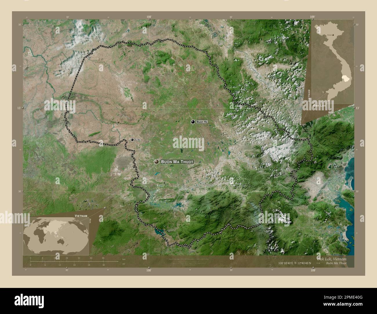 ak Lak, province of Vietnam. High resolution satellite map. Locations ...