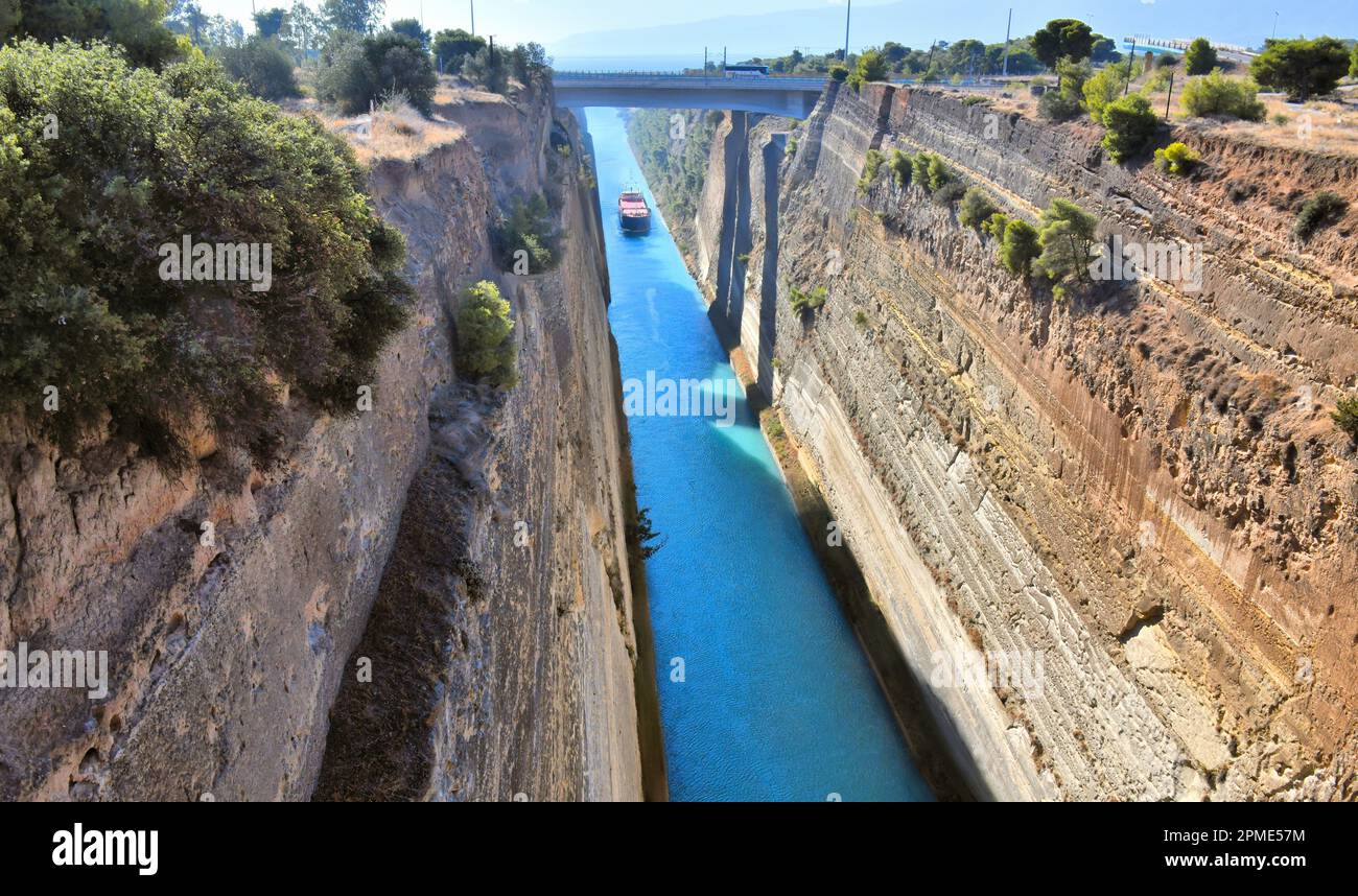Ship passing through the canal of Corinth, Peloponnese, Greece, in 2022. Stock Photo