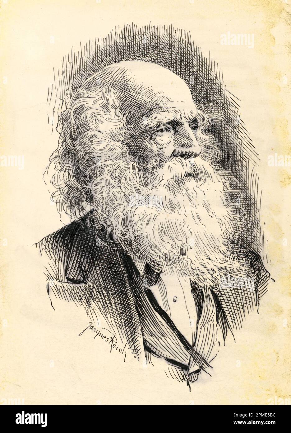 Portrait of American romantic poet, journalist, and editor of the New York Evening Post  William Cullen Bryant (1794 – 1878), pen and ink drawing by Jacques Reich c. 1899-1920 Stock Photo