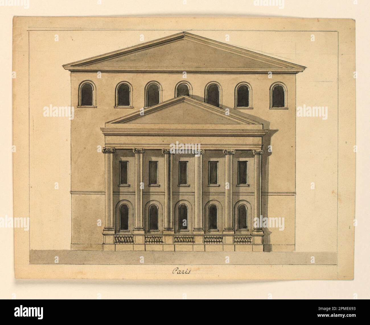 Drawing, Elevation of the Facade of a Theater, Paris; Designed by Cesare Recanatini (Italian, 1823–1893); Italy; pen and ink with sepia and gray washes on cream-colored paper; L x W: 25.8 × 19.7 cm (10 3/16 × 7 3/4 in.); Bequest of Erskine Hewitt; 1938-57-1424 Stock Photo