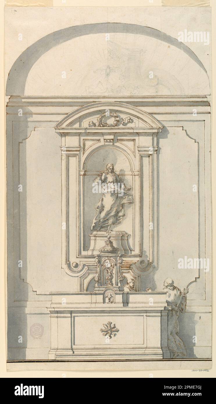 Drawing, Altar with Tabernacle and Two Priests in Conversation; Filippo Marchionni (Italian, 1732–1805); Italy; pen and brown ink, brush and gray wash, graphite on white laid paper; 42.6 x 24.2 cm (16 3/4 x 9 1/2 in.), irregular Mat: 55.9 x 40.6 cm (22 x 16 in.) Stock Photo