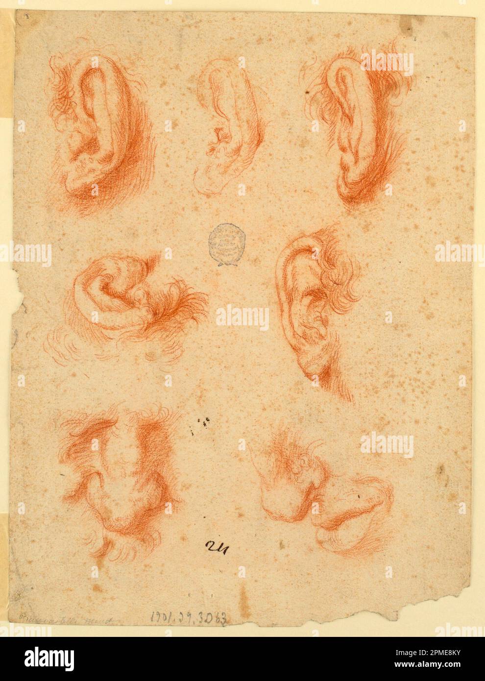 Drawing, Studies of five ears, noses and a mouth; Italy; red crayon on light brown paper Stock Photo