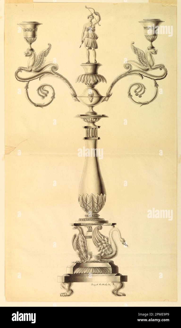 Drawing, Design for a Candlestick; Designed by Joseph Anton Seethaler II (German, 1799–1868); pen and ink, brush and watercolor on paper; 67.3 × 39 cm (26 1/2 × 15 3/8 in.) Stock Photo