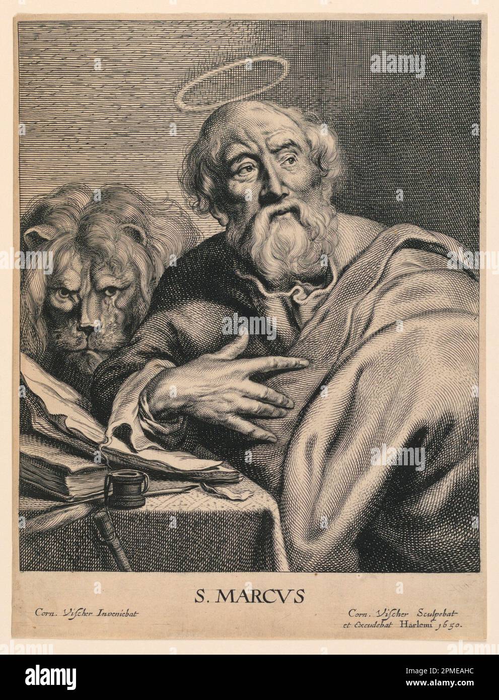 Print, St. Mark (S.Marcvs), 1650; Print Maker: Cornelis Visscher (Netherlandish, 1619 or 1629 – 1662); Netherlands; engraving on off-white laid paper; Paper: 25.4 x 19.8 cm (10 x 7 13/16 in.) Plate: 22.9 x 18.8 cm (9 x 7 3/8 in.); Bequest of George Campbell Cooper; 1896-3-206 Stock Photo