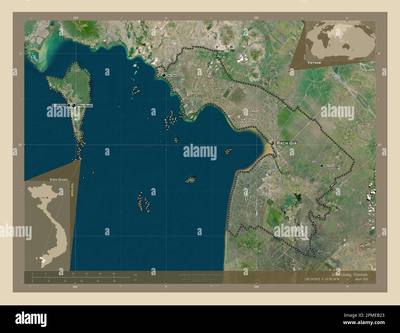 Kien Giang, province of Vietnam. High resolution satellite map. Locations and names of major cities of the region. Corner auxiliary location maps Stock Photo