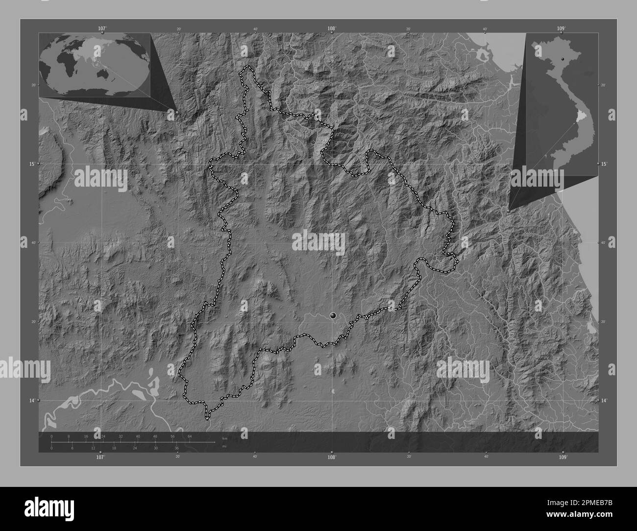 Kon Tum, province of Vietnam. Bilevel elevation map with lakes and rivers. Corner auxiliary location maps Stock Photo
