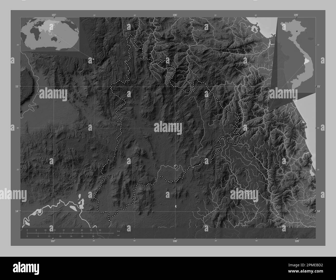 Kon Tum, province of Vietnam. Grayscale elevation map with lakes and rivers. Corner auxiliary location maps Stock Photo