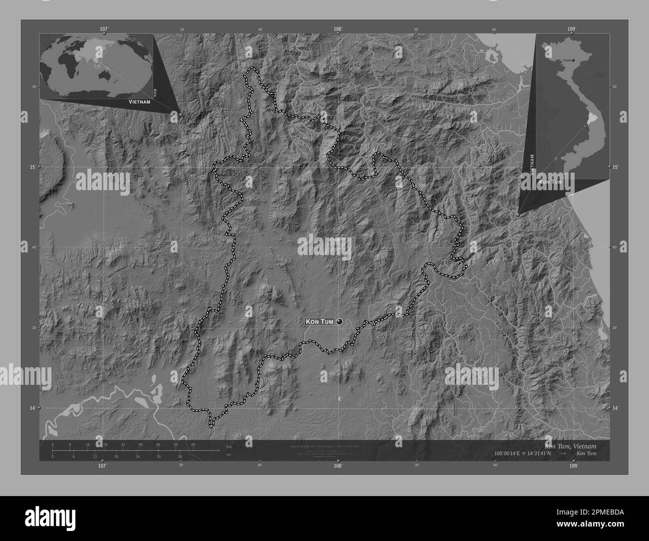 Kon Tum, province of Vietnam. Bilevel elevation map with lakes and rivers. Locations and names of major cities of the region. Corner auxiliary locatio Stock Photo