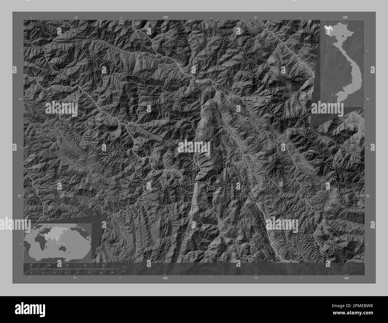 Lai Chau, province of Vietnam. Grayscale elevation map with lakes and rivers. Corner auxiliary