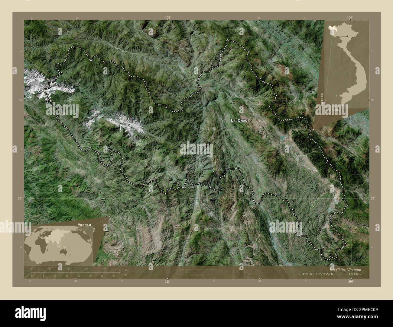 Lai Chau, province of Vietnam. High resolution satellite map. Locations and names of major