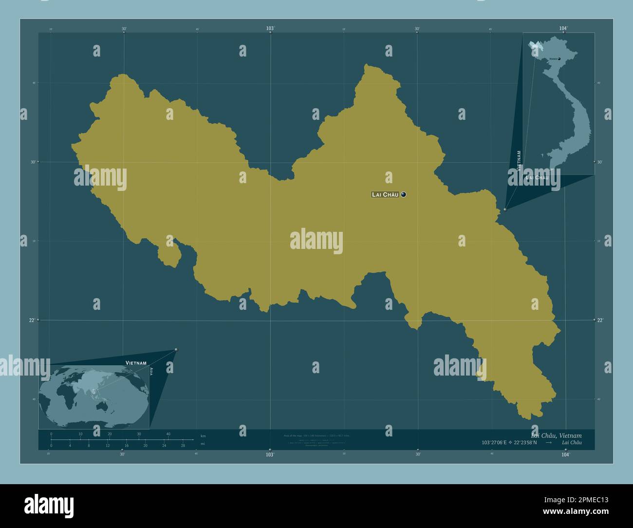 Lai Chau, province of Vietnam. Solid color shape. Locations and names of major cities of the