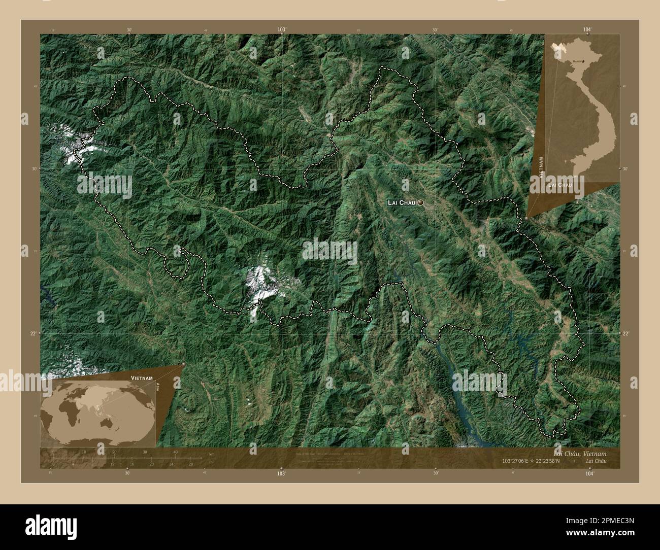 Lai Chau, province of Vietnam. Low resolution satellite map. Locations and names of major cities