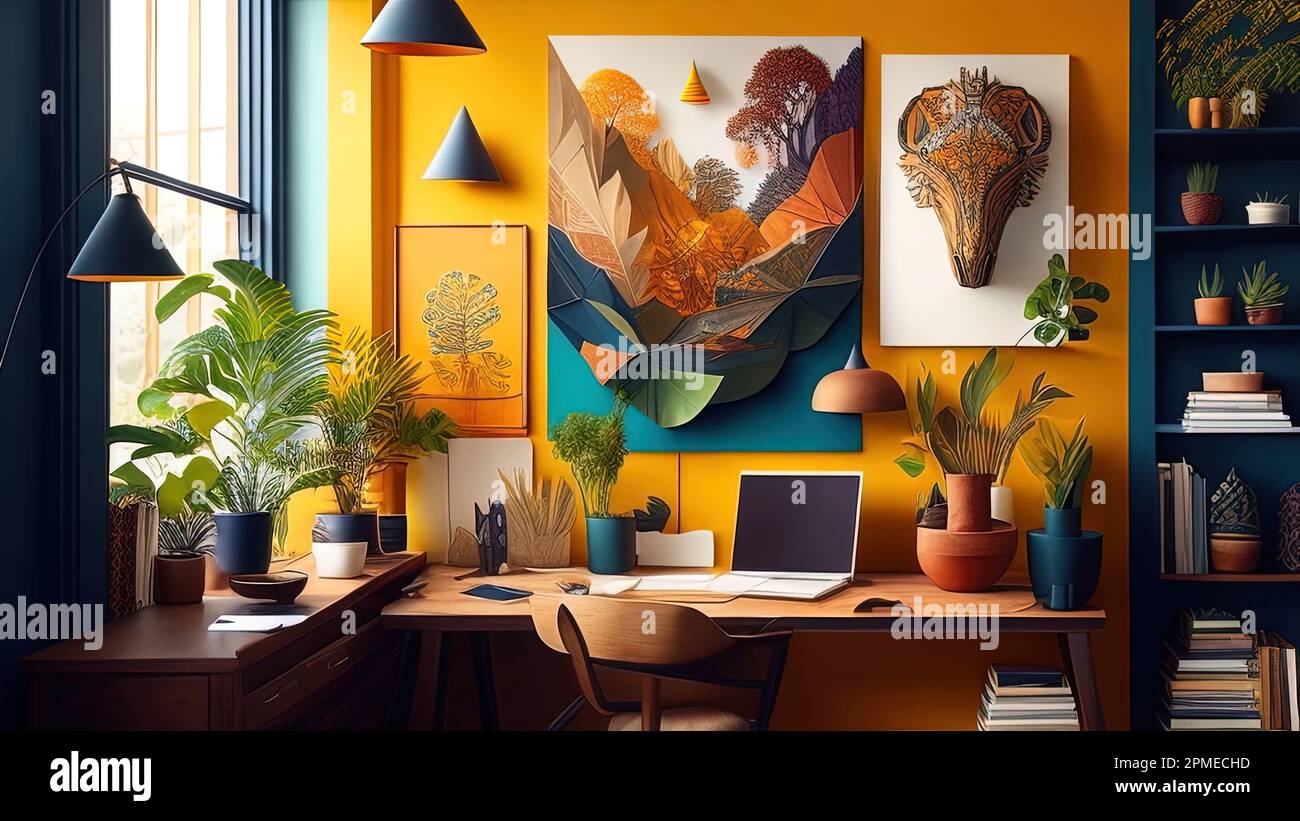 Interior of modern home office with yellow walls, wooden floor, comfortable desk with computer