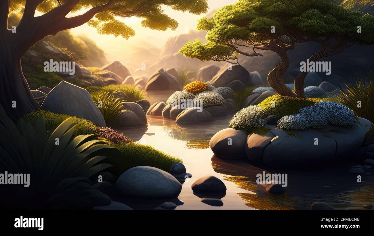 Fantasy landscape with river and trees. 3d render illustration Stock ...