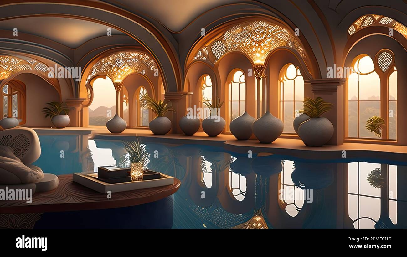 3D rendering of a beautiful arabic style interior with a pool Stock ...