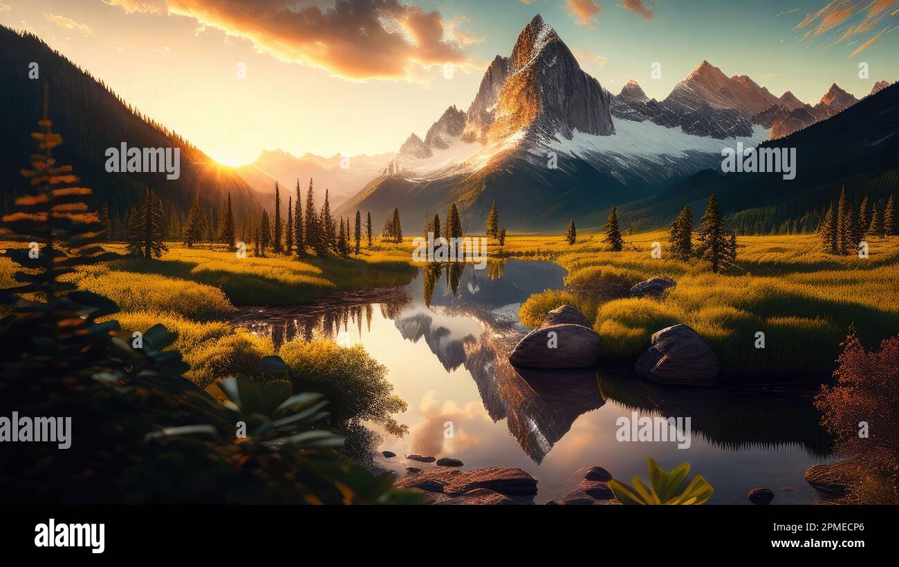 Mountain landscape with lake and reflection in it at sunrise. 3d render ...