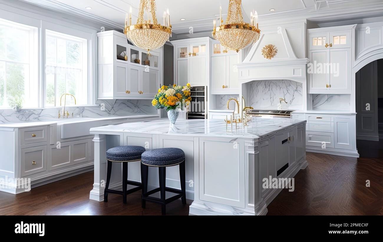 Luxury white classic kitchen interior design. 3D render Stock Photo - Alamy