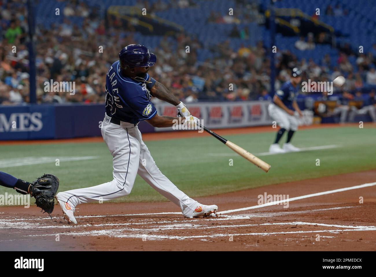 St. Petersburg, FL USA; Tampa Bay Rays left fielder Randy Arozarena (56) homers in the bottom of the first inning during an MLB game against the Bosto Stock Photo