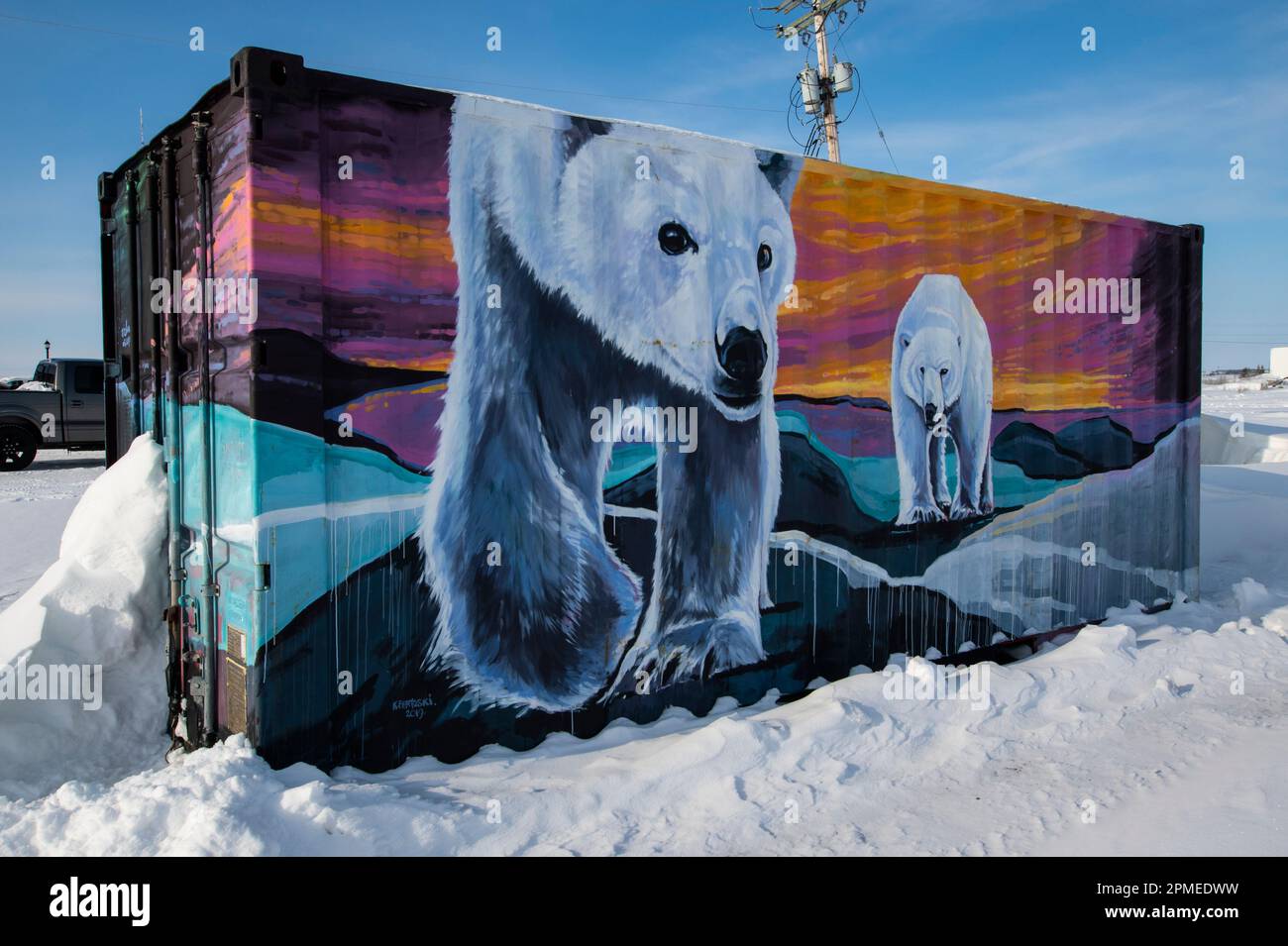 Polar bears mural on a shipping container in Churchill, Manitoba, Canada Stock Photo