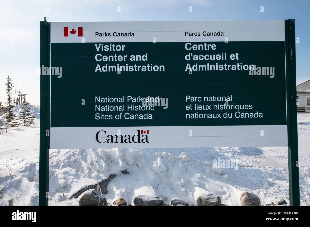 Visitor Center and Administration sign in Churchill, Manitoba, Canada Stock Photo