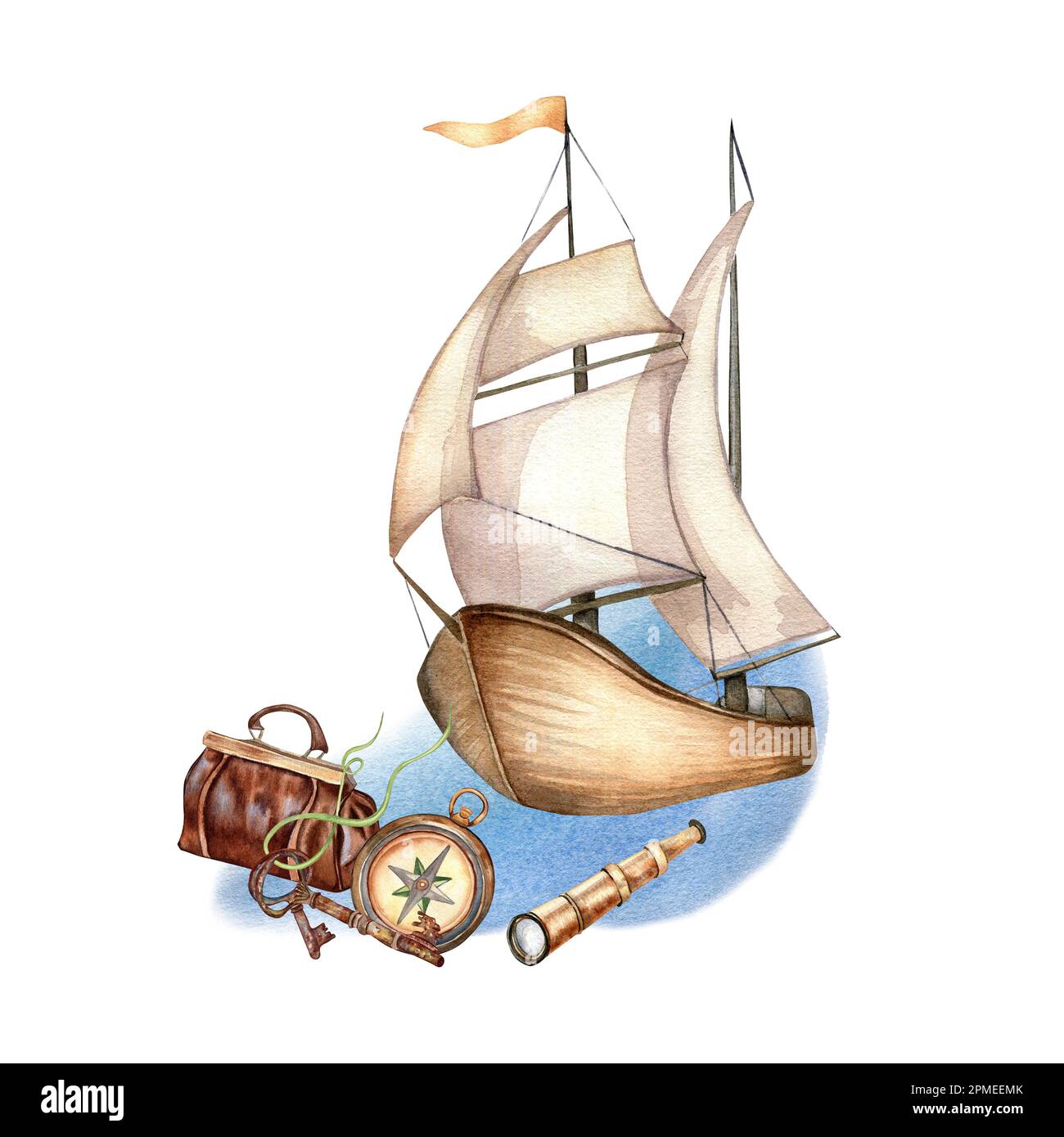 Composition of sailing ship vintage style watercolor illustration ...