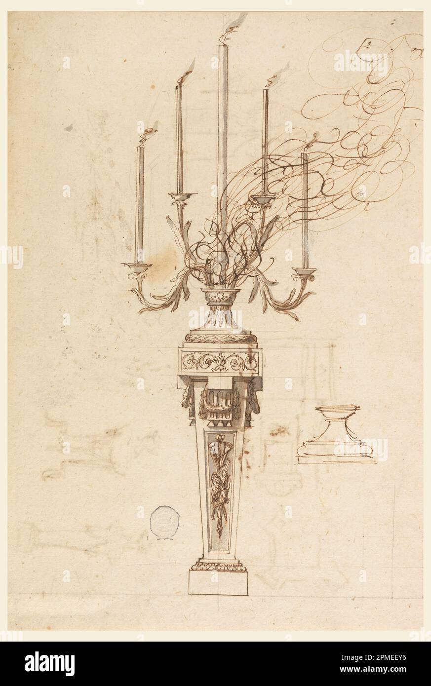 Drawing, Design for a Candelabra; Designed by Carlo Marchionni (Italian, 1702–1786); Italy; pen and ink, brush and wash on paper Stock Photo