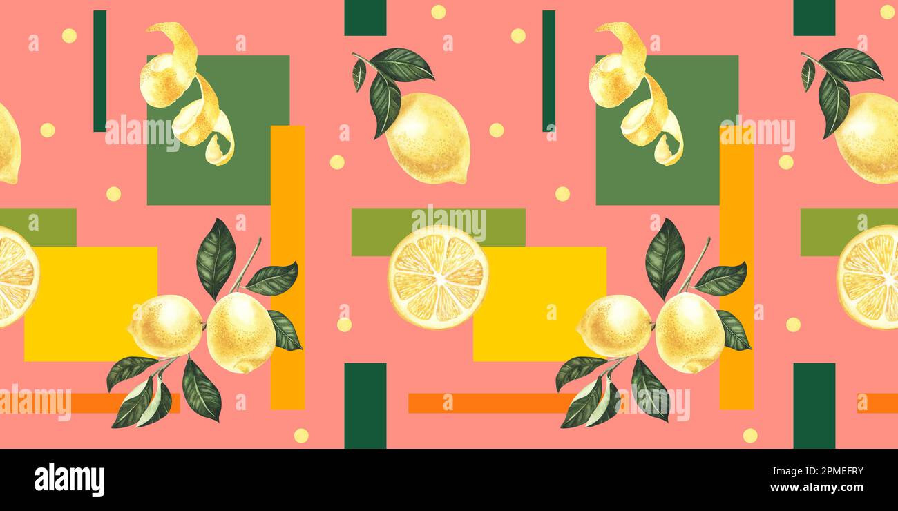 Hand drawn seamless pattern with ripe yellow lemons and leaves on the ...
