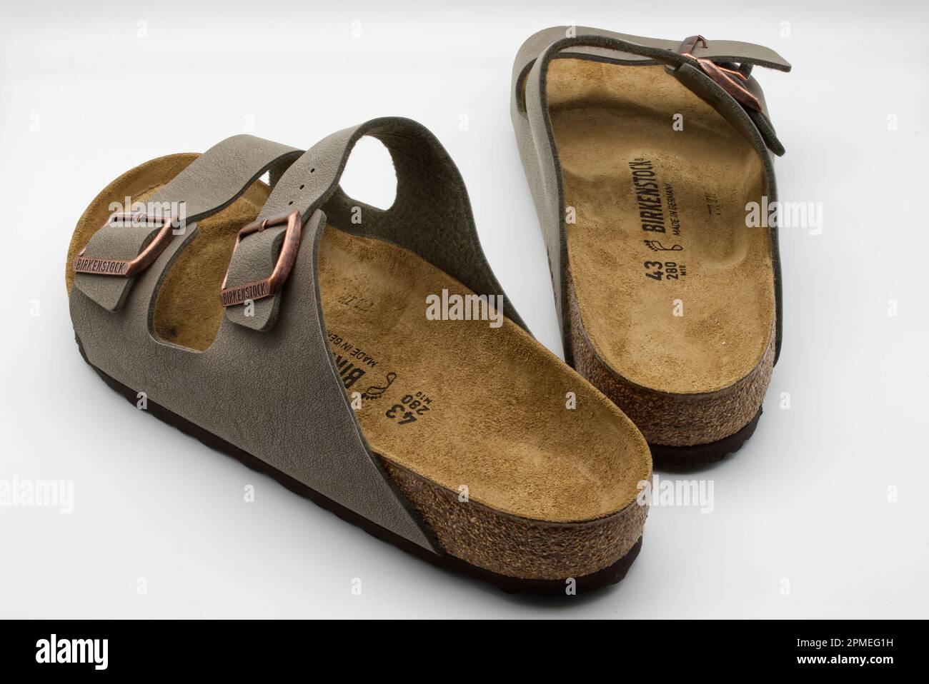 Bologna - Italy - April 2, 2023: Brown leather Birkenstock cork sandals,  isolated on white background Stock Photo - Alamy
