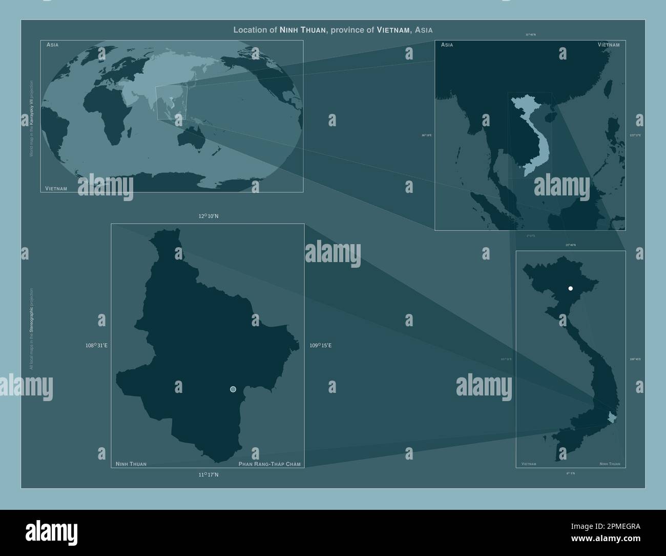 Ninh Thuan, province of Vietnam. Diagram showing the location of the region on larger-scale maps. Composition of vector frames and PNG shapes on a sol Stock Photo