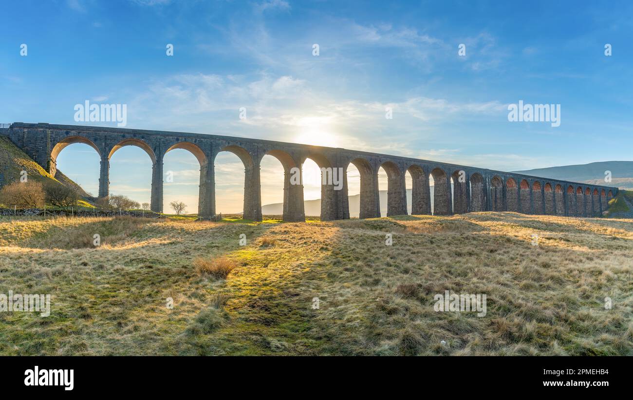Yorkshire Dales National Park, England; April 10, 2023 - A view of the Ribblehead Viaduct in the Yorkshire Dales National Park, England. Stock Photo