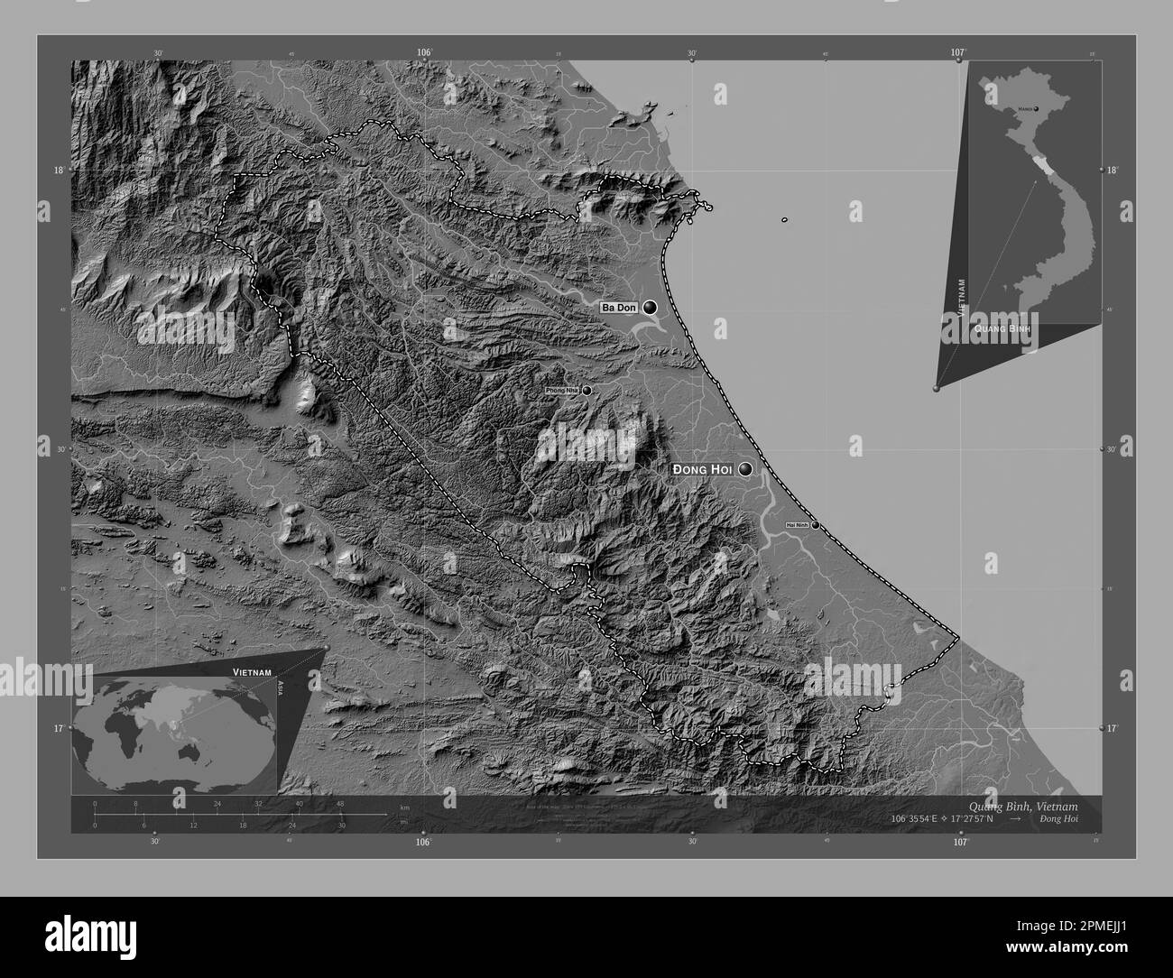 Quang Binh, province of Vietnam. Bilevel elevation map with lakes and rivers. Locations and names of major cities of the region. Corner auxiliary loca Stock Photo