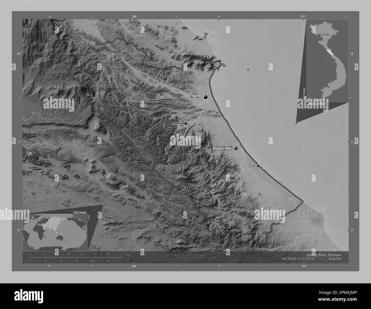 Quang Binh, province of Vietnam. Grayscale elevation map with lakes and rivers. Locations and names of major cities of the region. Corner auxiliary lo Stock Photo