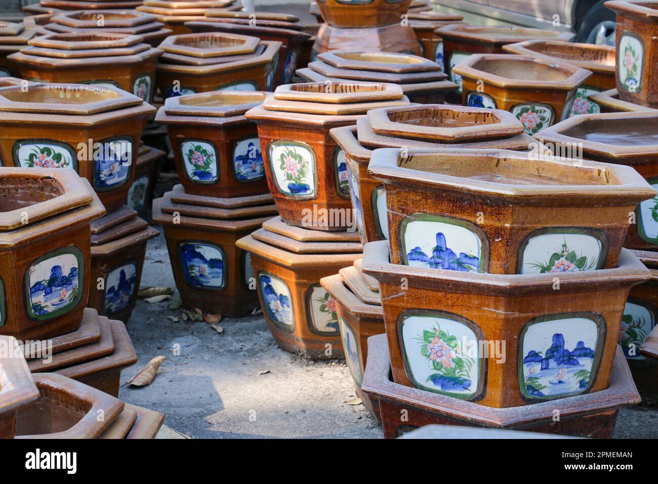 handmade traditional oriental earthenware blue design bowls on display